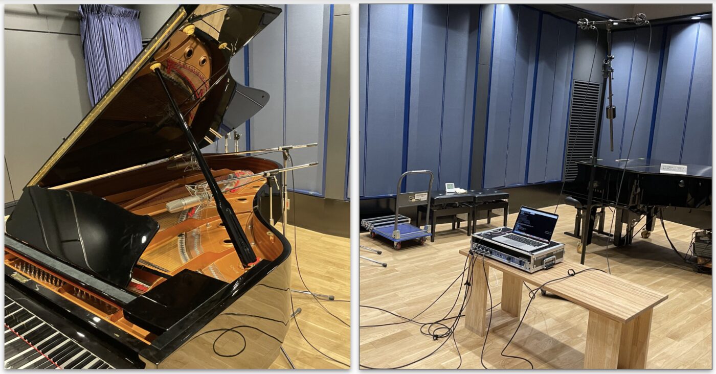 Disklavier recording session with microphones and a laptop running piano-capture